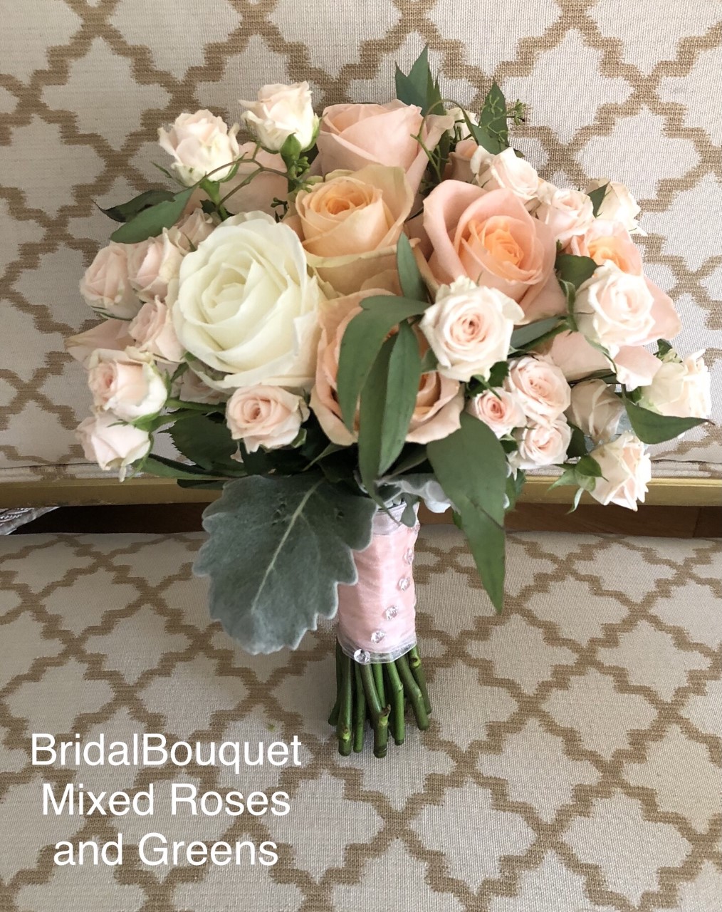$165 - 2 tone big roses and 1 tone small roses and 2 types of greens Bridal Bouquet                                                      