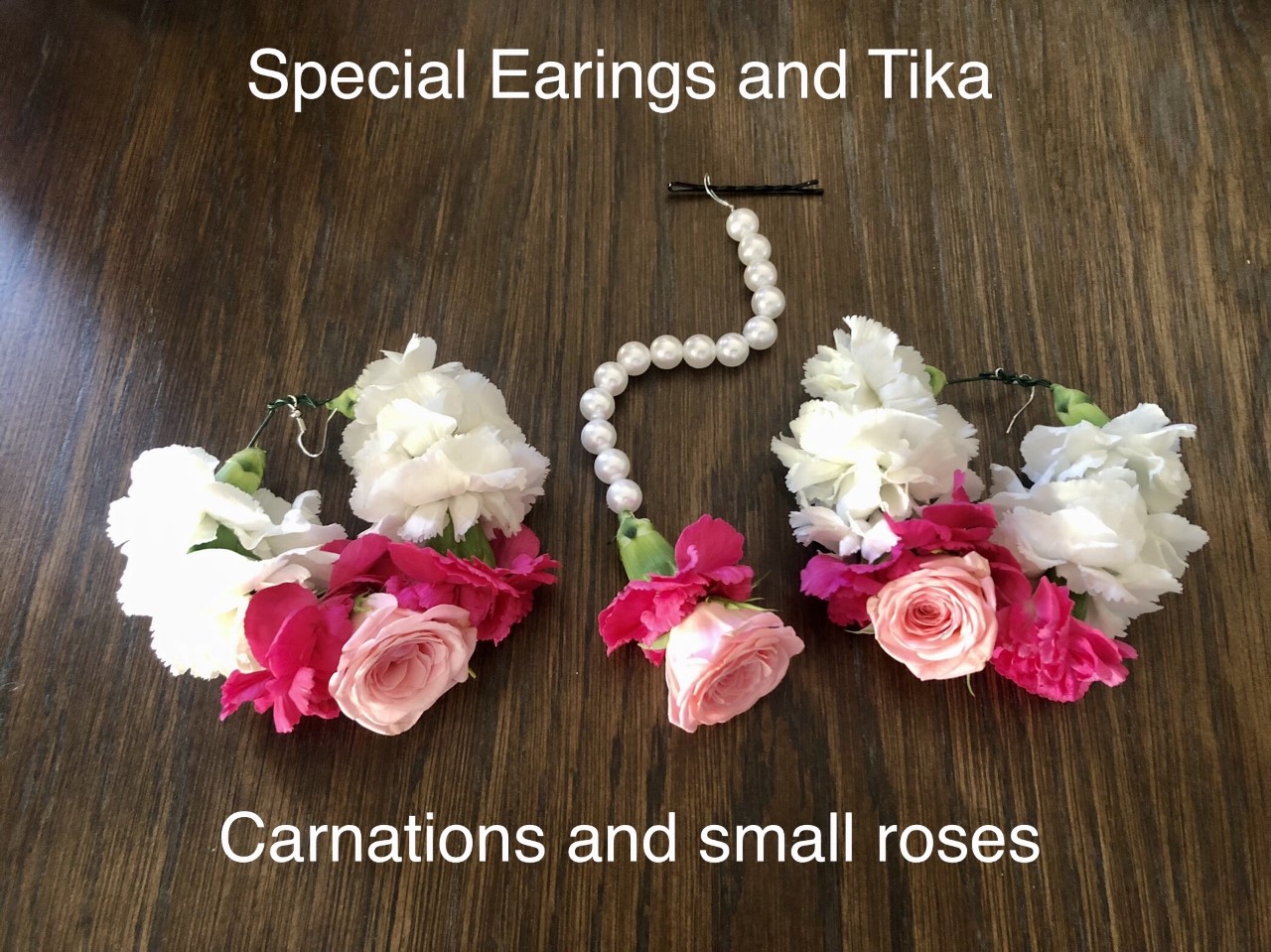 $50  small roses and carnations earings and tika set                              